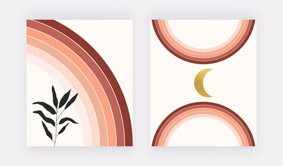 Boho wall art prints with rainbows, golden moon and leaf