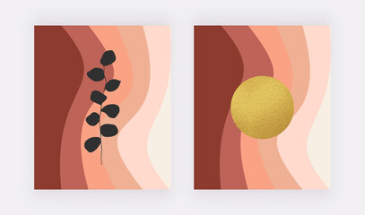 Mid century wall art prints with boho wave, golden moon and leaf