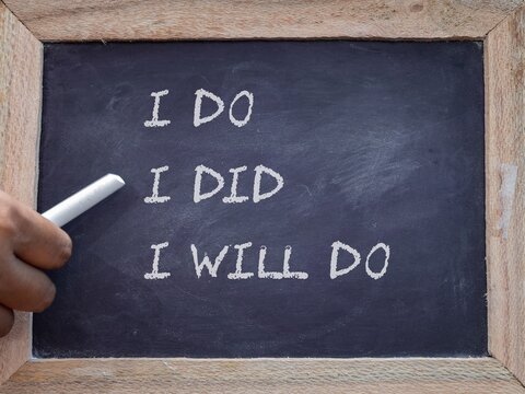 I Do, I Did, I Will Do Text Written On Chalkboard. Past Present Future Tenses, English Grammar Learning Concept. 