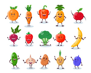 Vegetables and fruits funny characters in cartoon style. Vector illustration.