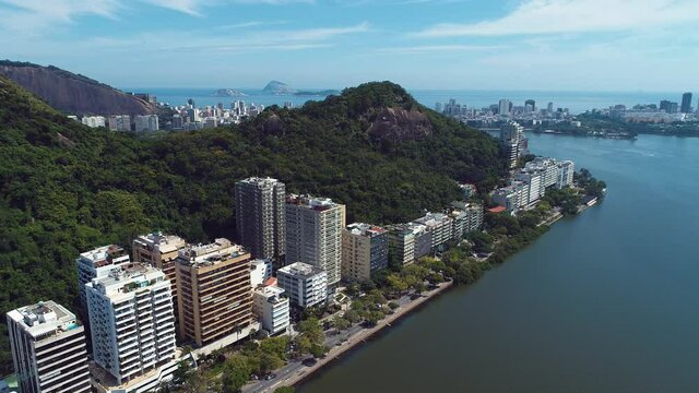 Aerial landscape of Rio de Janeiro Brazil. Tropical beach scenery. Postalcard of coastal city. Travel destinations.