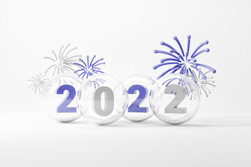 Very peri color 2022 3d text New Year with fireworks on white background, 3d render.