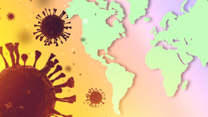Fototapeta premium Omicron virus molecule. Global danger of COVID-19. Bacteria in front of world map. Place for your text. Coronavirus lockdown international. Biohazard OMICRON delta. SARS-CoV-2 epidemic. 3d rendering.