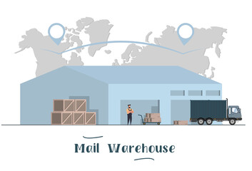 Mail Warehouse. Big warehouse with Boxes. A man and truck. Delivery Service Concept