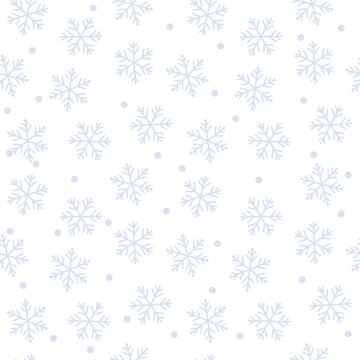 Seamless pattern with snowflakes vector drawing, white background, light blue color 