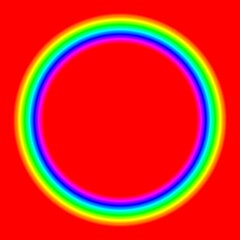 Obraz premium The frame is in the form of a circle. Design of a Circle, ring, donut. Circle on the background. Rainbow colors on a red background.