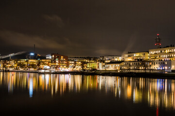 Stockholm, Sweden Dec 10, 2021 The skyline of Hammarby Sjostaden at nioght.