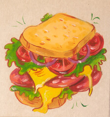 Sanwich with tomato, onin, salad and chees drawing illustration on craft background. Food illustration. Gouche drawings