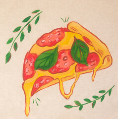 Pizza with sausages drawing illustration on craft background. Food illustration. Gouche drawings