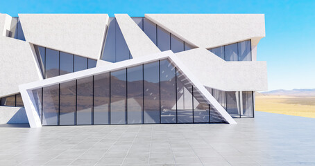 Obraz premium Perspective view of empty concrete floor with cement structure and glass wall building exterior. 3d rendering. Mixed media.