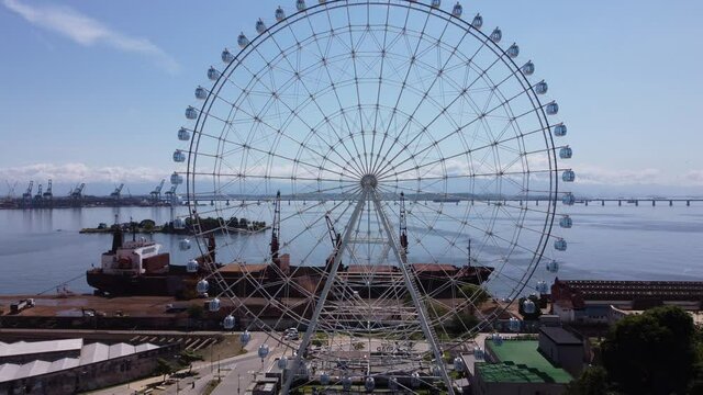 Panoramic aerial view of Rio de Janeiro Brazil. International travel landmark. Vacation destination. Ferris wheel at amusement park