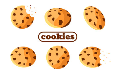 Chocolate Chip Cookie Set. Vector illustration with сookies in different planes in cartoon style. Bitten off snack with crumbs