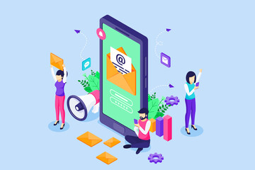 Email Marketing campaign concept, newsletter marketing and business promotion via mobile phone with people characters working near a big smartphone. Isometric Vector Illustration
