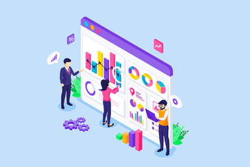 Data analysis and statistics concept. Business people team working on-screen graphic dashboard with charts and diagrams financial reports and investments. Isometric Vector Illustration