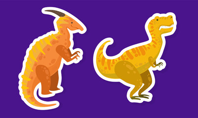 Dinosaur Character Sticker Isolated on Blue Background Vector Set