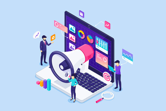 Digital Marketing concept. business people characters work near a giant laptop with graph charts and diagrams. Planning Business Strategy. Isometric Vector Illustration