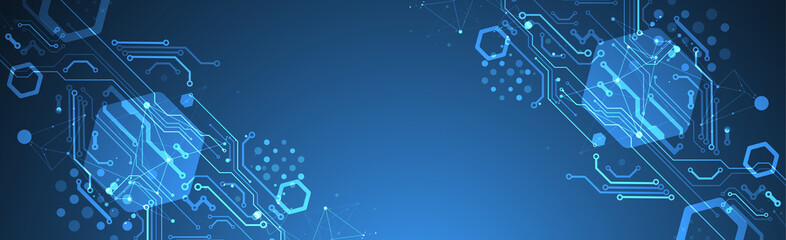 Abstract technology concept. Circuit board, high computer color background. Vector illustration with space for content, web - template, business tech presentation.