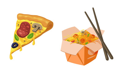 Carton Box with Noodles and Chopsticks and Slice of Pizza as Fast Food Vector Set