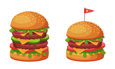 Hamburger with Bun and Grilled Patty Cake as Fast Food Vector Set