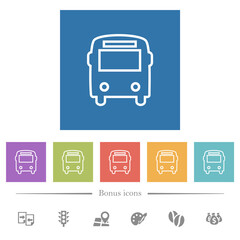 Bus front view outline flat white icons in square backgrounds
