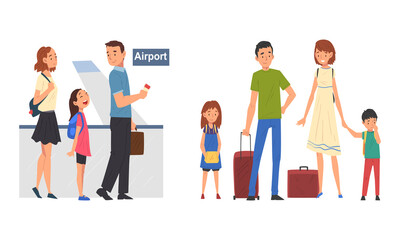 Happy Family with Kid Travelling on Vacation Passing in Airport Terminal and Standing with Suitcase Vector Set