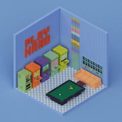 3d rendered isometric voxel game room with arcade machines and 
billiard table. pixel style game concept illustration.
