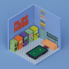 3d rendered isometric voxel game room with arcade machines and  billiard table. pixel style game concept illustration. © Suleyman Karakurt