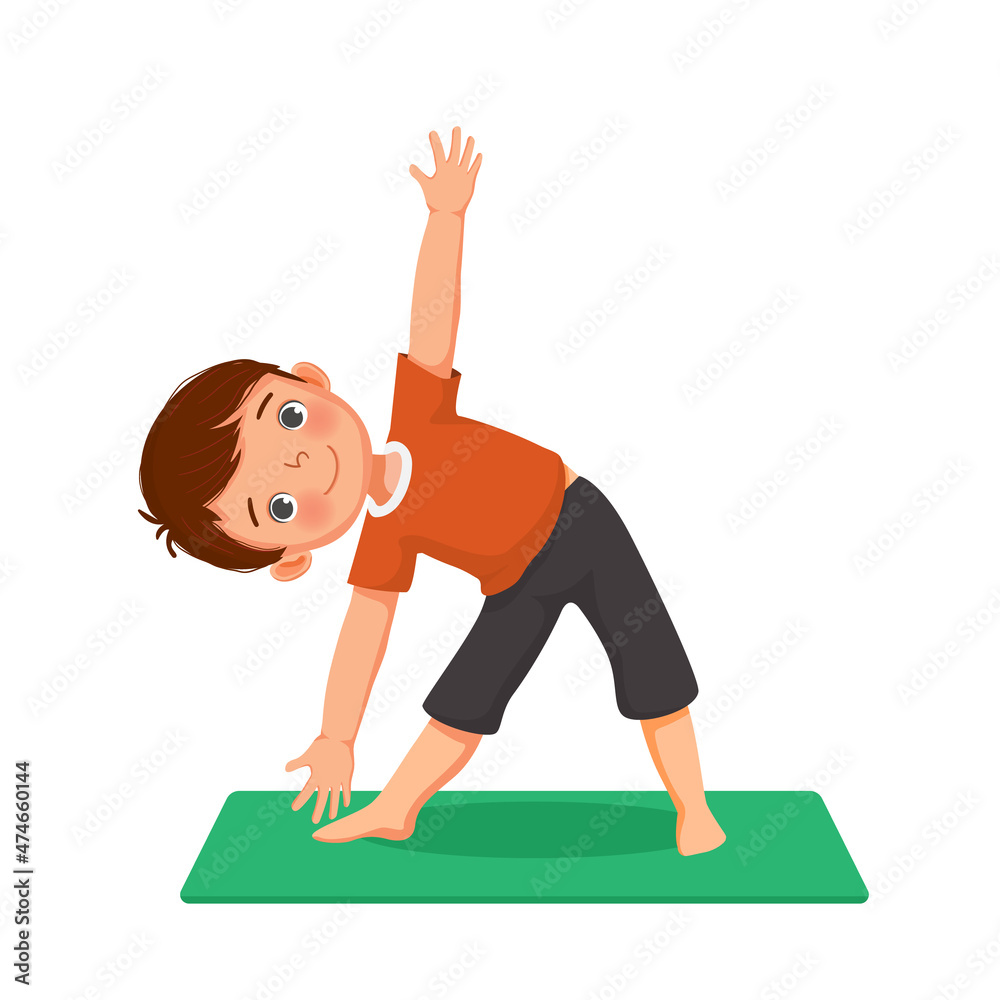 Wall mural little boy doing gymnastic fitness exercises practicing yoga pose on a green mat indoor at home