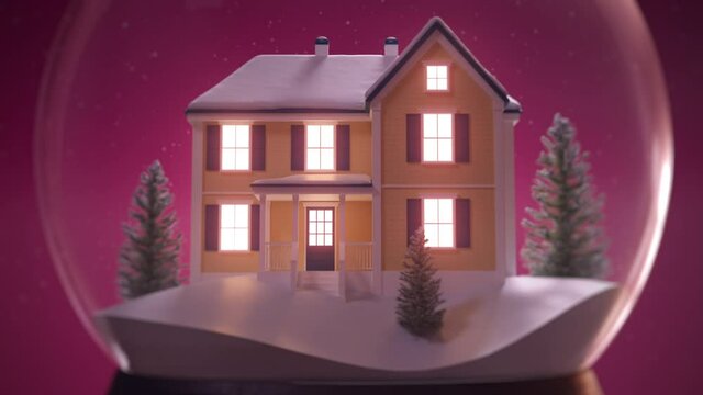 Snow globe zooming out animation. Country house, glowing light in windows, Christmas pine trees, snow on ground. Merry Christmas, New Year mood. Traditional festive seasonal souvenir. 3D Render 4K