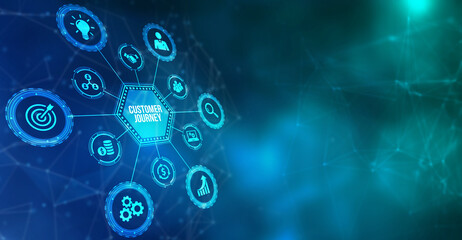 Internet, business, Technology and network concept. Inscription Customer journey on the virtual display. 3d illustration.
