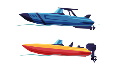 Motorboat or Speedboat as Watercraft or Swimming Water Vessel Powered by Engine Vector Set - obrazy, fototapety, plakaty