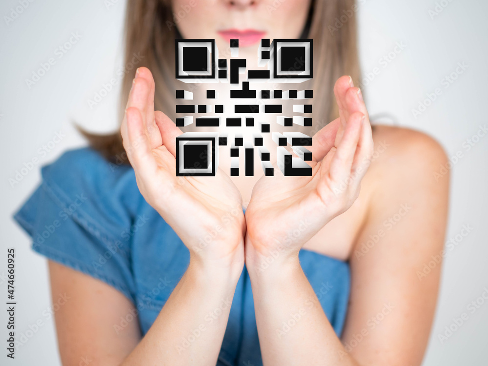Poster abstract qr code in female hands. a digital code for identification or payments. qr code for reading