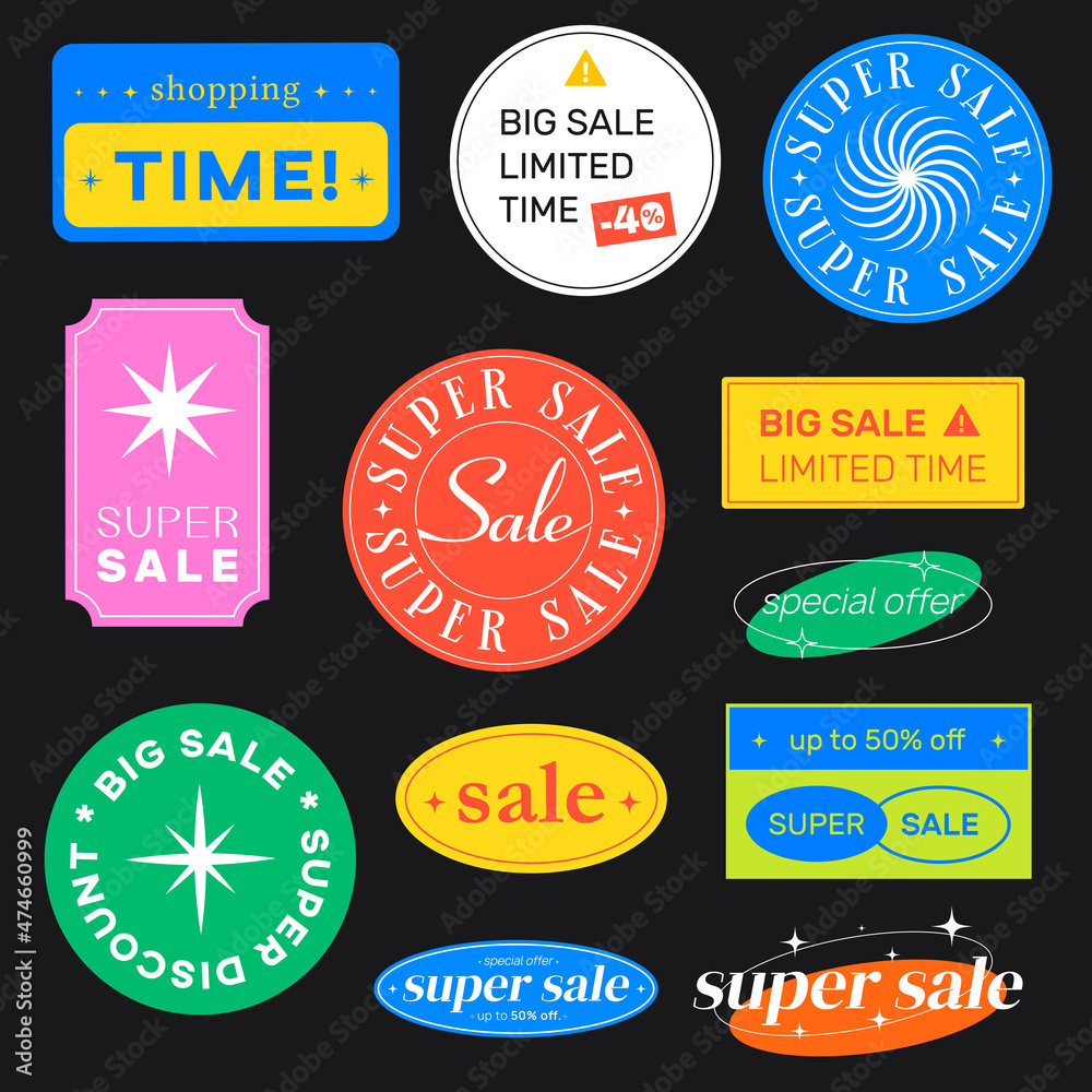 Sticker set of retro shopping stickers. cute sale label badges. trendy free shipping, new look, big sale, be