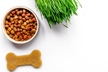 dry dog food in bowl on white background top view