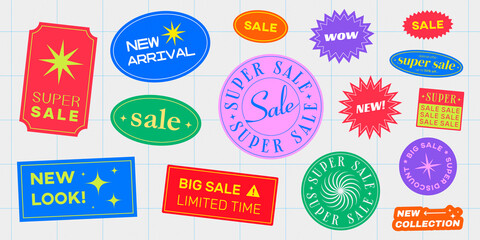 Naklejka premium Cool Trendy Sale Stickers Pack. Shopping Promo Badges Vector Illustration. New Arrival, Super Sale and Wow Patches.