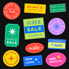 Set Of Retro Sale Badges Vector Design. Cool Trendy Shopping Stickers Pack. Super Sale, Shopping Time and New Collection Labels. - obrazy, fototapety, plakaty