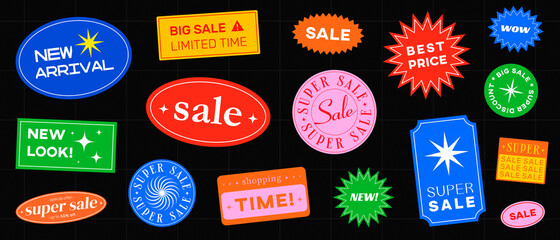 Set of Shopping Stickers Retro Design. Cool Sale label badges. Trendy Free Shipping, New Look, Big Sale, Best Price Banners Pack. Vector Illustration.