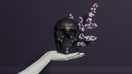 3d rendering of a skull holding a skull in the hands of a woman.