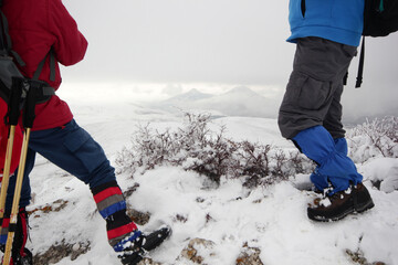 Group of mountaineers walking trough the mountains covered with snow.