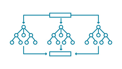 Random forest line icon. Decision trees symbol. Machine learning technique that's used to solve regression and classification problems. Complex problems solution. Vector illustration, flat, clip art.  - obrazy, fototapety, plakaty