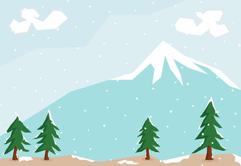 A landscape illustration of snow scene at the hill and with mountain behind