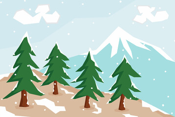 Fototapeta premium A landscape illustration of snow scene at the hill and with mountain behind