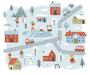 Winter abstract city map with road, houses, cars, animals, trees. Christmas town baby print with fox, elk, giraffe wolf.