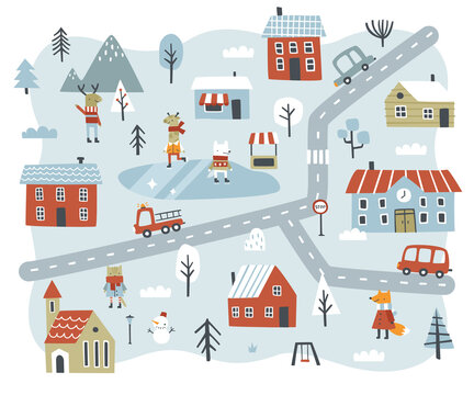 Winter abstract city map with road, houses, cars, animals, trees. Christmas town baby print with fox, elk, giraffe wolf.