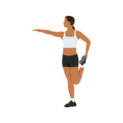 Woman doing Standing quad stretch exercise. Flat vector illustration isolated on white background © lioputra