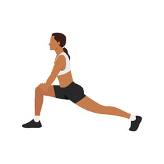 Woman doing Runner lunge stretch exercise. Flat vector illustration isolated on white background