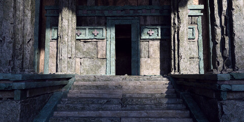 Fototapeta na wymiar Photorealistic 3D illustration of the entrance to the ancient stone temple is illuminated by rays of sunlight. Mystical scene. Fantasy landscape.