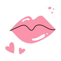 Female lips with lipstick and glitter, red and pink. Isolated on white background, doodle style. Closed and open mouth. Valentine's Day, anniversary of dating. 