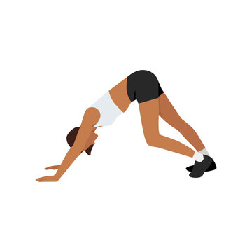 Woman Doing Downward Dog Stretch Exercise. Flat Vector Illustration Isolated On White Background