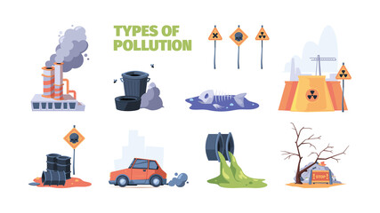 Urban pollution. Toxic city industrial garbage liquid puddle waste garish vector cartoon concept pictures set